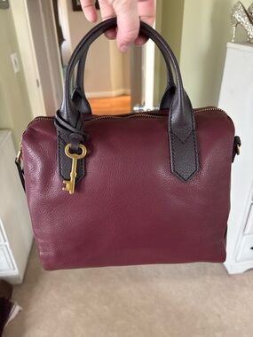 Fossil Fiona Leather Satchel - Burgundy with Dark Purple Trim w long strap